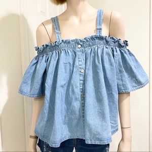FTF Off Shoulder Cold Shoulder Denim Blouse